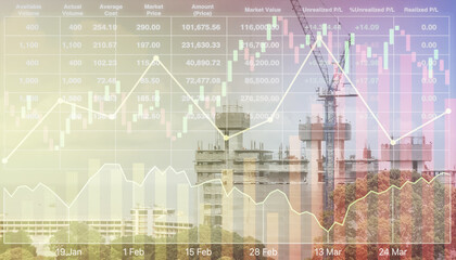 Stock financial index with graph and chart show successful investment on construction industry and modern technology for report and presentation background.