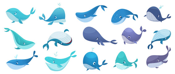 Whales collection. Ocean underwater life with big swimming blue fishes cute wild whales exact vector illustration