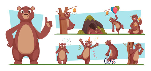 Funny bear. Brown wild animal with honey bear standing jumping cartoon poses exact vector illustrations set
