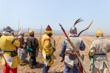 Foot warriors - participants in the reconstruction of Horns of Hattin battle in 1187, are on the...