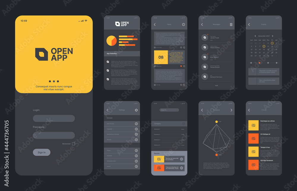 Poster Mobile application layout. Smartphone web ui kit templates dividers frames checkboxes buttons online pages garish vector flat design project wit place for text