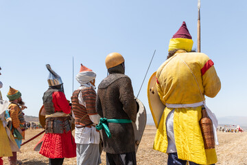 Foot warriors - participants in the reconstruction of Horns of Hattin battle in 1187, are on the...