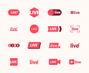 Live broadcast icon. Play video air symbols tv show online red logotypes collection garish vector live icons collection set isolated