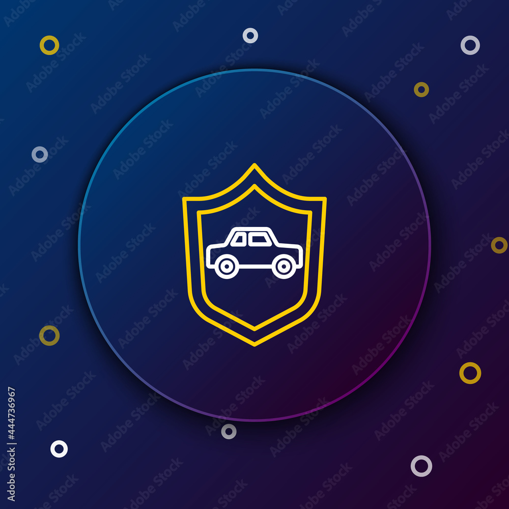 Sticker line car with shield icon isolated on blue background. insurance concept. security, safety, protecti