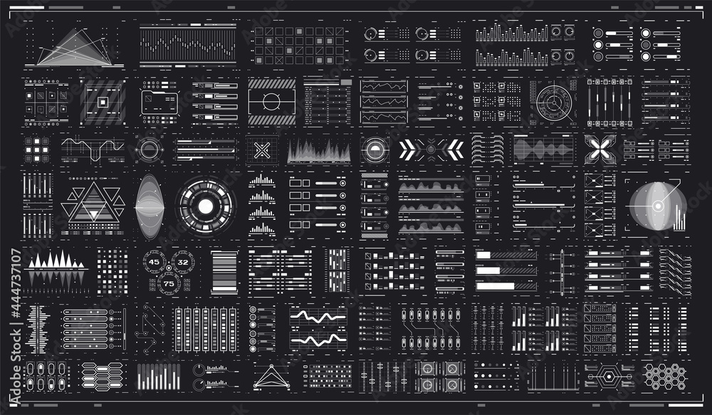 Poster HUD UI for Business App. Set of Sci Fi Modern User Interface Elements. Abtract Header Status Bar. Digital dashboard panel illustration. Futuristic virtual graphic. Infographic elements.