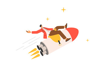 Happy Man sits on a Flying Rocket. Launching a business project, a successful startup, a businessman on the way to a goal. Vector trendy illustration in flat cardboard style isolated on white