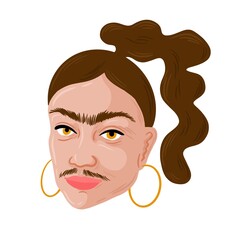 Portrait of a woman with white skin. She has brown hair in a ponytail and a mustache. Her eyebrows are connected to a unibrow