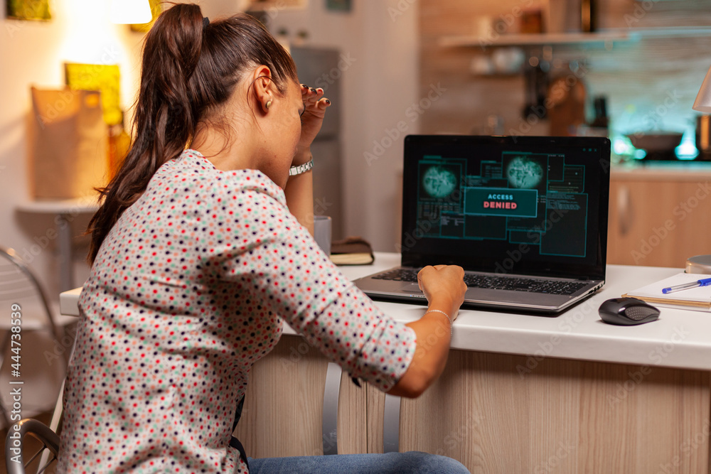 Poster angry hacker woman because of access denied while trying to attack government firewall. programmer w