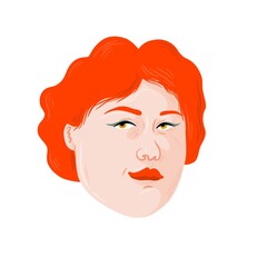 Portrait of a plus-size woman with white skin. She has red hair and wears red lipstick