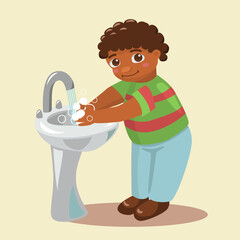 Boy washing hands in the sink. Little cartoon boy in toilet. Single child in bathroom. Vector illustration.