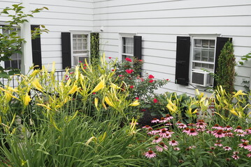 The flowers in the garden in front of the white building.