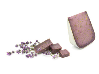 Organic cheese with lavender flowers isolated on white background. Lavender food products.