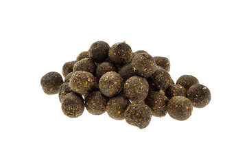 Close up view of brown boilies, fishing baits for carp isolated on white background