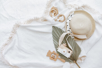 Flat lay with newborn accessories, top view, flat lay - 444740303