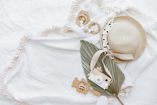 Flat lay with newborn accessories, top view, flat lay