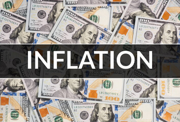 Growth of inflation in the world, inflation word on dollar banknotes background