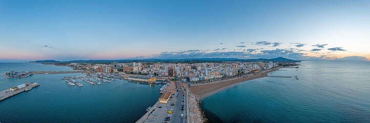 Fototapeta na wymiar Drone panorama of Spanish city Vinaros during sunrise