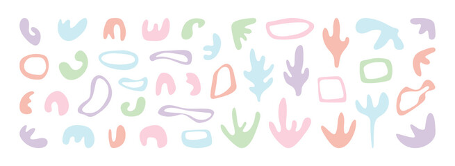 Big set hand drawn trendy elements, cute shapeless forms, abstract shapes for create modern design. Collection of vector isolated elements in pastel colors, matisse bundle for create banners, posters.