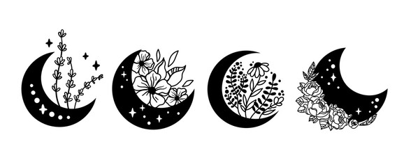 Mystical boho floral moon isolated cliparts bundle, celestial collection, moon and flowers set, magic line crescent moon bundle, esoteric objects - black and white vector