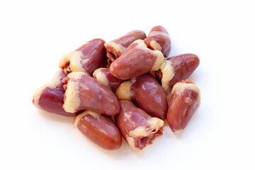Fresh raw chicken hearts on white background.