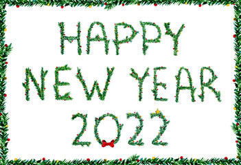 Creative hand drawn watercolor Christmas illustration. New Year jpg print. Congratulatory pattern. Christmas tree.  Lettering “Happy New Year 2022”. Design template for card, poster, banner
