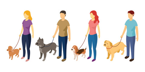 People Standing with Dog on Leash Isometric View - 444742929
