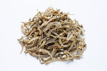 Dried anchovy on white background