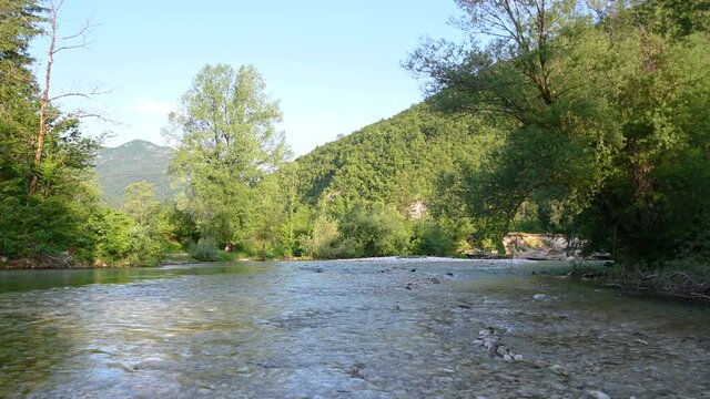 Pristine river Sava Bohinjka flowing in Alpine valley. Beautiful landscape in Slovenia. Sunny summer day. Static shot, real time, wide angle