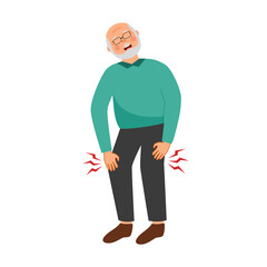Old man with knee pain symptom in flat design on white background. Senior man tired his legs and knees concept vector illustration.