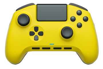 Realistic yellow video game joystick on white background