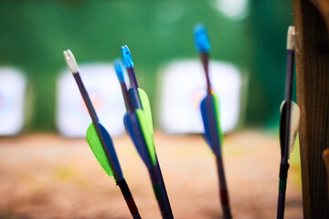 Closeup of plastic arrow nocks and fletching in a quiver with targets blurred in the background