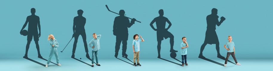 Collage. Dreams about big and famous future. Conceptual image with little girls and shadows of fit professional sportsmen on light pink, coral background