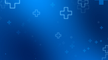 Abstract medical blue cross neon light shapes pattern background.