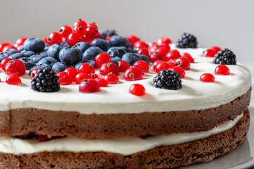 close up of berry layer cake with chocolate and cream