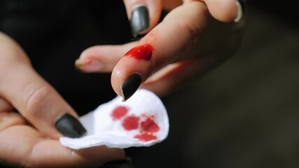 Close-up of a cut of a finger with a knife, a drop of blood on the finger.