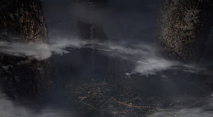 3d illustration of massive buildings stretching up to the clouds in a dystopian sci-fi world - digital fantasy painting