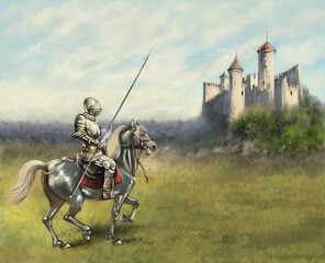 Oil paintings landscape, fine art. Medieval knight on horseback. - obrazy, fototapety, plakaty
