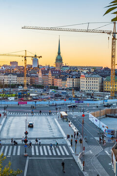 Stockholm / Sweden - July 5 2021: Slussen is an area of Stockholm named after the sluices between Lake Malaren and the Baltic Sea. "Nya (New) Slussen" construction is expected to be completed in 2025.