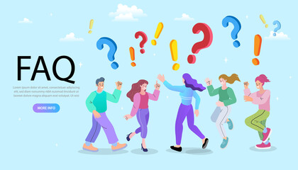 Naklejka premium Woman and Man standing near Question. Online Support center. Frequently Asked Questions Concept. Flat Vector Illustration.
