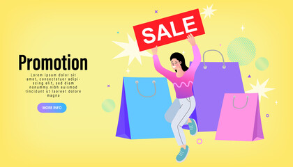 Young woman using mobile phone for shopping online. Woman doing online shopping. Happy customer sitting with shopping bags around him. Vector EPS10.