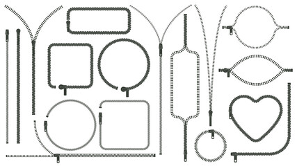 Zipper silhouettes. Zip pulls closed and open, zipper frames and borders, clothes zip lock accessories vector illustration set. Slide fasteners elements © WinWin
