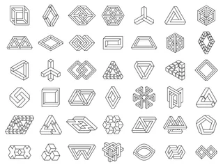 Unmögliche geometrische Formen. Paradoxe Geometrielinienfiguren, nicht erweiterter, unmöglicher Geometrievektorsymbolsatz. Geometrische Symbole der optischen Täuschung © WinWin