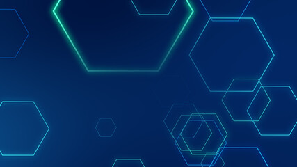 Hexagon geometric blue neon lights technology Hi-tech dark background. Abstract graphic digital future science concept design.