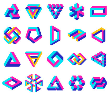Geometric impossible shapes. Paradox triangle, square and circular figures, optical illusion vector symbols set. Impossible unexpanded shapes