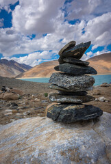 Stacked stones (Zen Stones) near Pangong Tso, Ladakh
