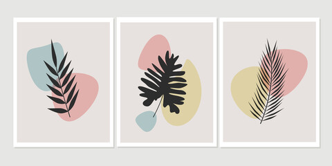 Fototapeta na wymiar Set of minimalistic posters with leaves and abstract spots on the background. Abstract composition with leaves in a modern style and bed colors. Can be used for wall and home decoration, covers and co
