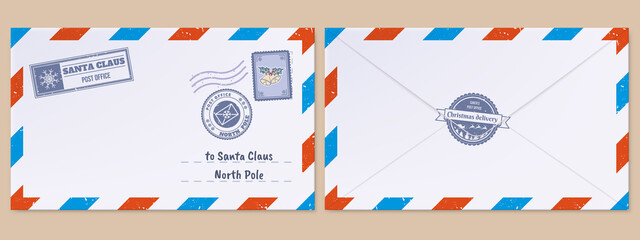 Christmas Santa Claus letter. Xmas holidays wish list letter, mailing envelope with postmarks and stamps vector illustration set. Santa Claus post office mail