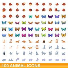 100 animal icons set. Cartoon illustration of 100 animal icons vector set isolated on white background