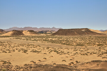 Fototapeta na wymiar sand dunes with grass in front of distant mountain range, stunning african landscape, savanna