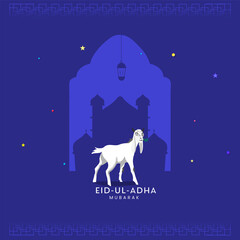 Islamic festival of sacrifice, Eid-Ul-Adha Mubarak background with goat in front of mosque.